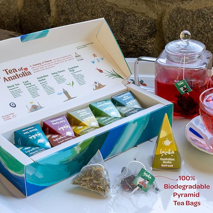 Lazika Tea Sampler with Lovely Presentation Box, 10 Counts, 2 of Each Blend Individually Wrapped, Black, Green and Herbal Tea Variety Gift Set, Premium Collection with Pyramid Infuser Bag, Handcrafted