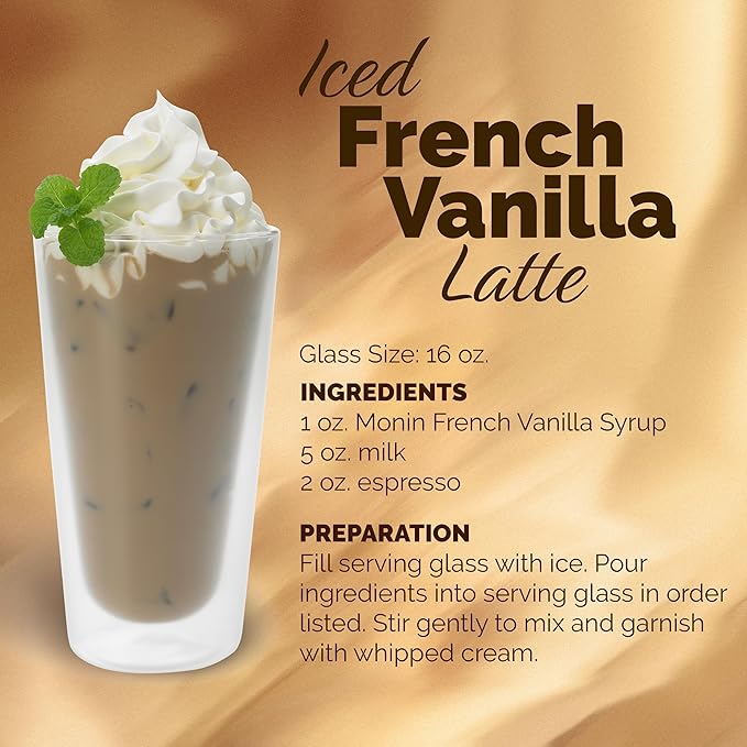 Monin - French Vanilla Syrup with Monin BPA Free Pump, Boxed, Versatile Flavor, Natural Flavors, Great for Coffees, Cocktails, Shakes, and Kids Drinks, Non-GMO, Gluten-Free (1 Liter, 4-Pack)