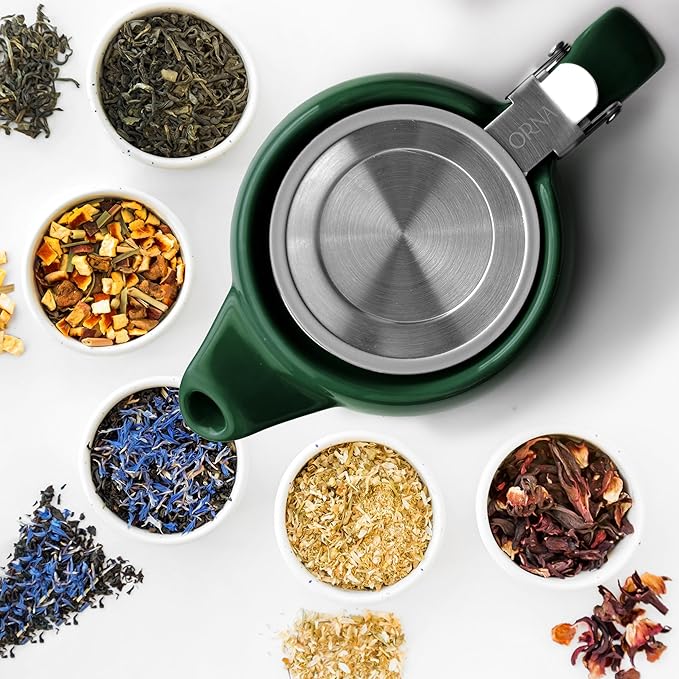 ORNA Ceramic Teapot with Tea Infuser – Small Tea Pot for Loose Leaf Tea – 550ml / 18.6 Oz Porcelain Teapot for 2 Cups with Tea Strainer (Forest Green)
