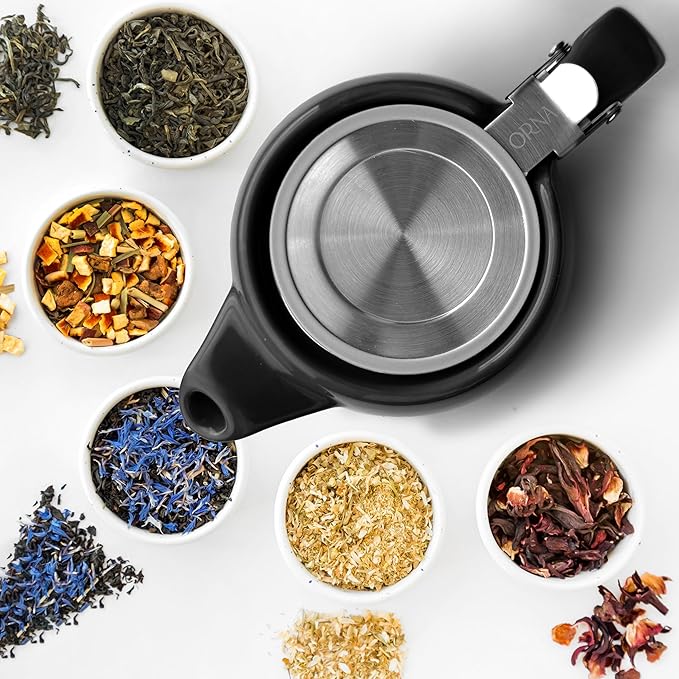 ORNA Ceramic Teapot with Tea Infuser – Small Tea Pot for Loose Leaf Tea – 550ml / 18.6 Oz Porcelain Non-Stove Teapot for 2 Cups with Tea Strainer (Black)