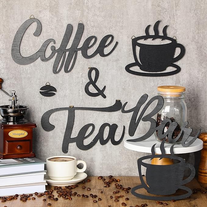 Queekay 7 Pieces Coffee Bar Sign Rustic Wall Decor Art Wooden Sign with Coffee Beans and Cups Decor for Bar Counter Home Office Kitchen