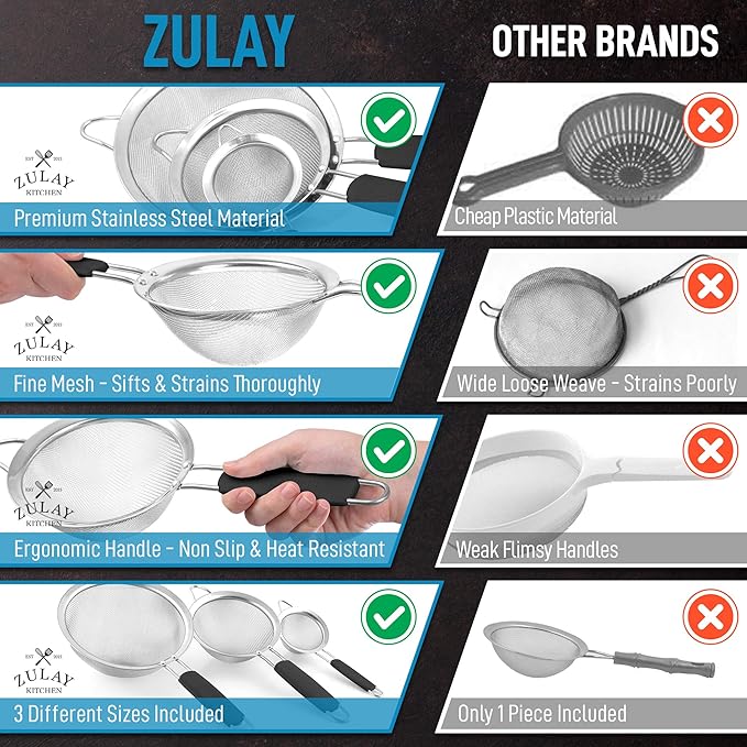 Zulay Kitchen Premium Stainless Steel Fine Mesh Strainer Set - Strainers For Kitchen (Set of 3) With Non-Slip Handles - Includes A Small, Medium & Large Fine Mesh Sieve Set - Durable Metal Strainer