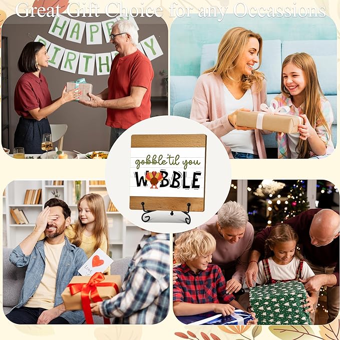 Fall Home Decor Indoor, Gobble Til You Wobble Thanksgiving Table Decor, 5"x5" Wood Plaque Gifts with Stand for Farmhouse Living Room Bathroom Kitchen Decoration -A08