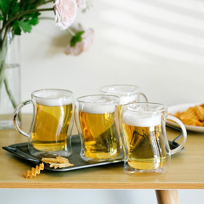 BTaT- Double-Walled Beer Mugs, 16 oz, 4 Pack, Double-Walled Glass with Handle, Insulated Beer Glasses, Drinking Glasses for Bar, Beverages, Alcohol, Water