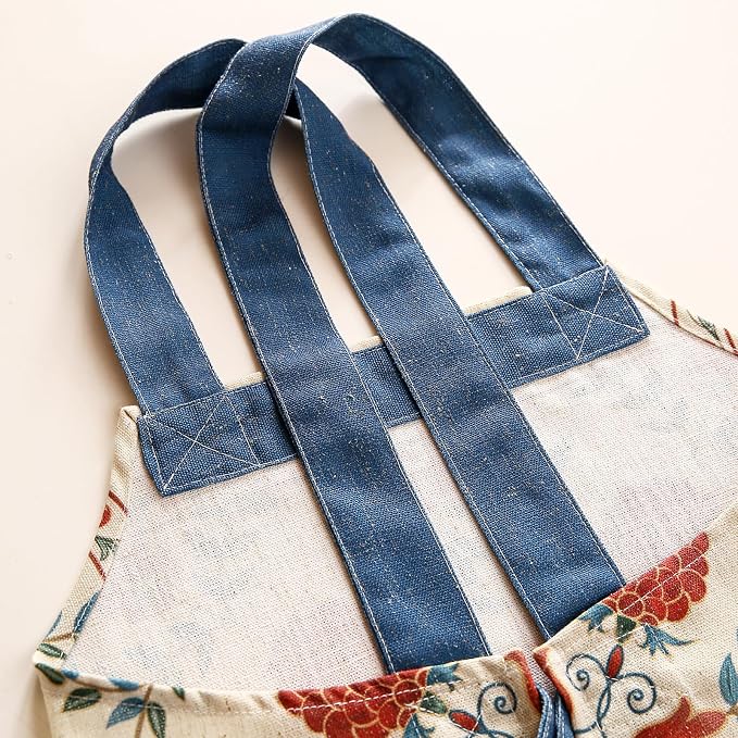 patdrea Blue Floral Linen Apron with Pocket,French Kitchen Garden Chef BBQ Aprons for Women and Men,Crisscross Back Straps - Image 8