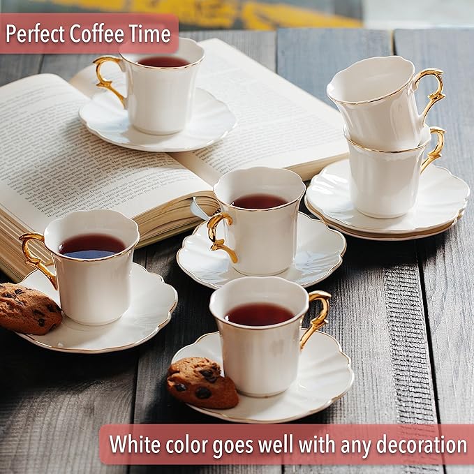 BTaT- Turkish Coffee Cup Set, 3 oz, 6 Set (12 pcs), Elegant White Cups & Saucers with Gold Trim, Small Porcelain Espresso Set for Serving Greek, Arabic & Turkish Coffee, Gift Giving