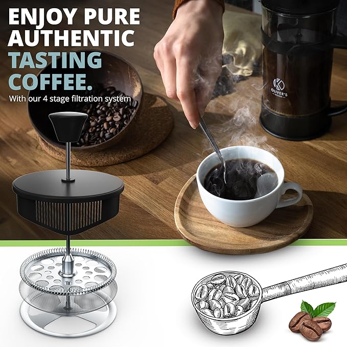 Oliver's Kitchen Ā® 1 Liter French Press Coffee Maker - A Cafetiere Designed Exclusively for Coffee Lovers - Enjoy Pure Authentic Coffee At Home - Stylish Design with Heat Resistant Thickened Glass