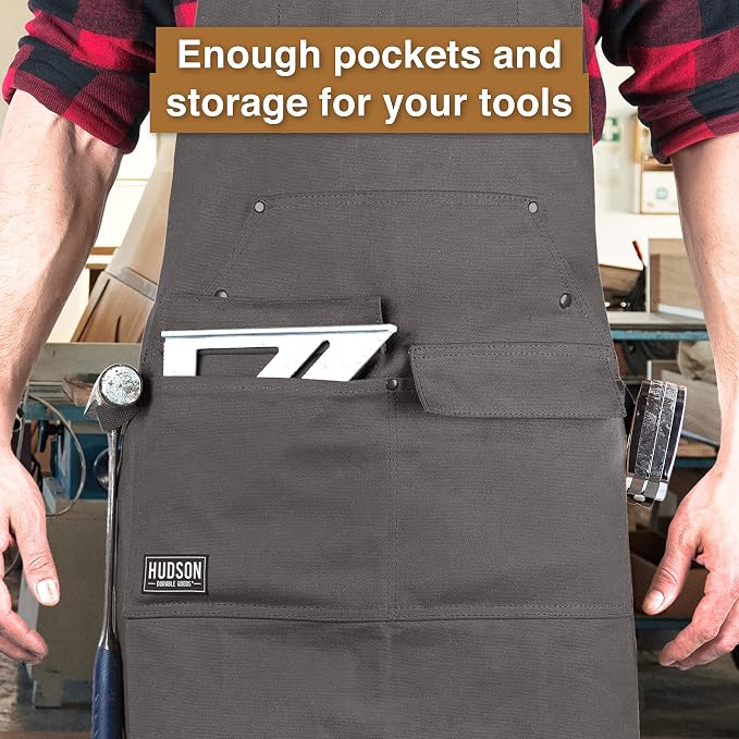 Hudson Durable Goods Woodworking Edition Waxed Canvas Tool Apron for Men and Women, Heavy Duty Work Apron with Front Pockets, Adjustable Padded Straps, Quick Release Buckle, Crossback - One Size, Grey - Image 6