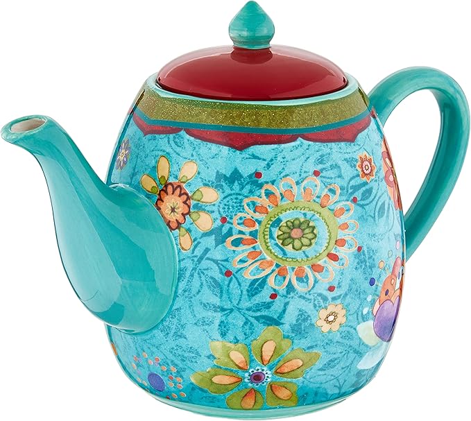 Tunisian Sunset Ceramic Teapot – 40 oz. Blue Floral Boho Teapot with Lid, Bright Multicolor Folk-Inspired Design for Tea Lovers, Entertaining & Eclectic Kitchen or Gift Giving