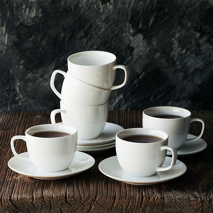 BTaT- Cappuccino Cups with Saucers 6 oz, Set of 6, White Porcelain Coffee Cup and Saucer Set for Latte, Mocha, Tea, Au Lait, Flat White, Dishwasher, Microwave, Freezer and Oven Safe