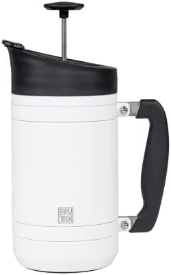 BruTrek® by Planetary Design Basecamp Coffee Press - Double Wall Vacuum Insulated Stainless Steel - Bru-Stop Technology, No Grounds in Coffee, No Spill Lid (Snowflake White, 32 fl.oz)