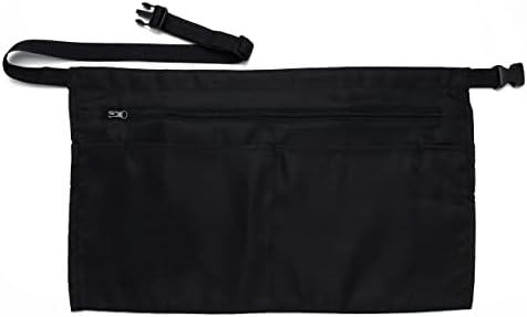 iServ 5 Pockets Black Waist Apron (22x13 inches). Clip-on Server Apron with Zipper pocket. Restaurant Half Aprons Waitress, Waiter, Server, Bartender, Barista, Money Apron, Check Holder, Organizer by iServ