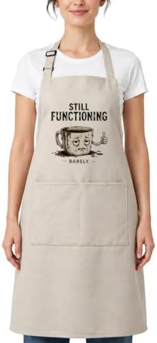 Still Functioning Barely Funny Coffee Apron for Women Men | Tired coffee mug artwork adds relatable humor for coffee lovers, home cooks, bakers, baristas, and busy mornings by Threegoat