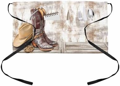 Western Cowboy Boots Waist Apron for Women with 3 Pockets, Vintage Country Brown Wooden Waterproof Chef Waiter Waitress Half Server Apron for Men Teachers Bartender Barista Restaurant Coffee 24"x13" by Unknown