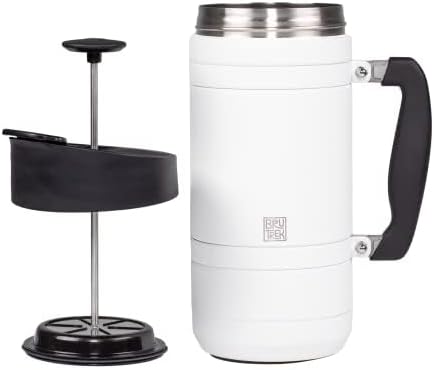BruTrek® by Planetary Design Basecamp Coffee Press - Double Wall Vacuum Insulated Stainless Steel - Bru-Stop Technology, No Grounds in Coffee, No Spill Lid (Snowflake White, 48 fl.oz)