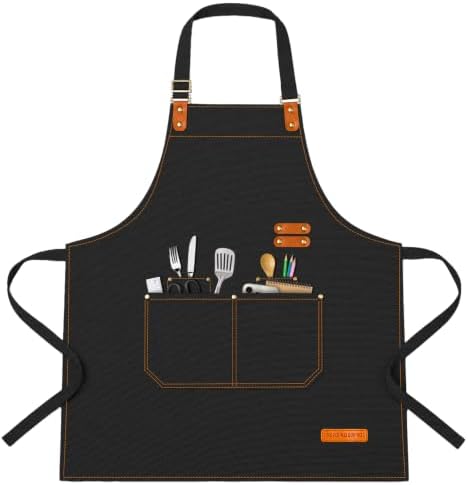 Teskyer Canvas Kitchen Apron with 4 Pockets | Cross Back or Adjustable Strap Design, 4 Utility Pockets, Water & Oil Resistant Fabric for Cooking Gardening & Crafts by TESKYER