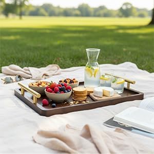 Zayvo Bamboo Serving Tray, Wood Serving Tray with Handles Breakfast Tray Decorative Tray for Living Room Kitchen Serving Platter Ottoman Tray Wood Bed Tray (Walnut Dark Brown, Medium
