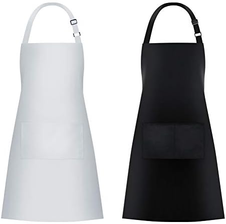 Jubatus 2 Pack Bib Aprons with 2 Pockets Cooking Chef Kitchen Apron for Women Men, Black & White by Jubatus