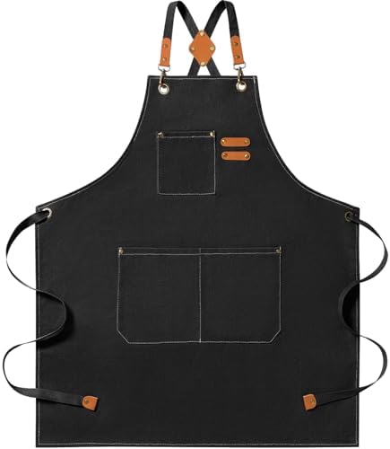 Chef Aprons for Men Women with Large Pockets Heavy Duty Cotton Canvas Cross Back Apron by Cardkiss