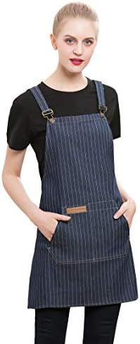 Denim Cross-Back Chef Bib Apron with Pockets for Men and Women by Malltohome
