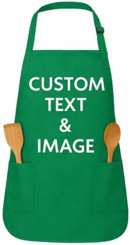Custom Apron Women Men with Pockets Personalized Name Logo Cooking Aprons | Customizable Full Length Cotton Twill, Add Any Text Photo or Business Logo, Two Deep Pockets, 14 Colorways by Unknown