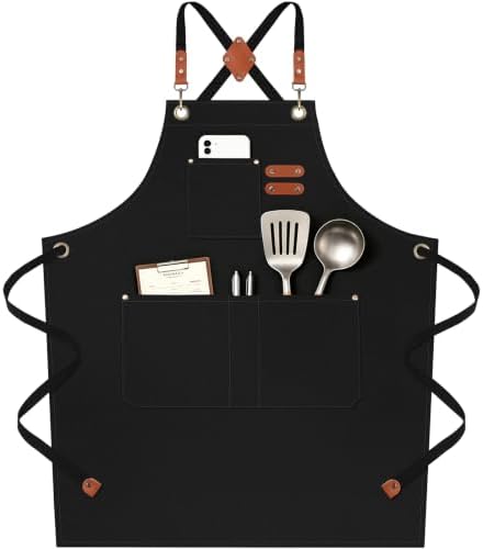 NLUS Chef Aprons for Men Women with 4 Pockets, Water Repellent Cotton Canvas Cross Back Apron by NLUS