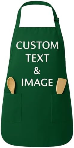 Custom Apron Women Men with Pockets Personalized Name Logo Cooking Aprons | Customizable Full Length Cotton Twill, Add Any Text Photo or Business Logo, Two Deep Pockets, 14 Colorways by Unknown