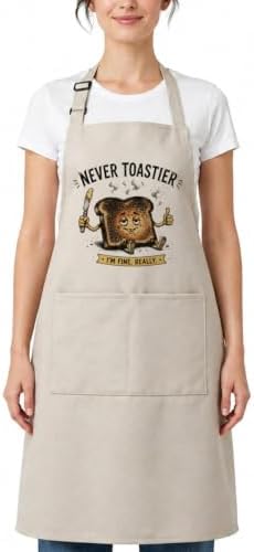 Never Toastier Funny Cooking Apron for Women Men, Kitchen Gift | Burnt toast artwork and a witty quote bring playful humor to cooking, baking, grilling, and everyday kitchen routines by Threegoat