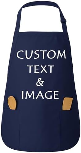 Custom Apron Women Men with Pockets Personalized Name Logo Cooking Aprons | Customizable Full Length Cotton Twill, Add Any Text Photo or Business Logo, Two Deep Pockets, 14 Colorways by Unknown