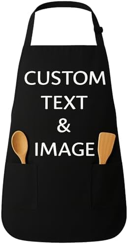 Custom Apron Women Men with Pockets Personalized Name Logo Cooking Aprons | Customizable Full Length Cotton Twill, Add Any Text Photo or Business Logo, Two Deep Pockets, 14 Colorways by Unknown