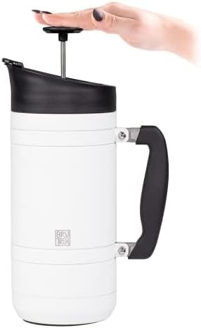 BruTrek® by Planetary Design Basecamp Coffee Press - Double Wall Vacuum Insulated Stainless Steel - Bru-Stop Technology, No Grounds in Coffee, No Spill Lid (Snowflake White, 48 fl.oz)