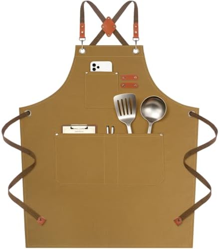 NLUS Chef Aprons for Men Women with 4 Pockets, Water Repellent Cotton Canvas Cross Back Apron by NLUS