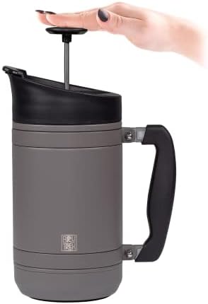 BruTrek® by Planetary Design Basecamp Coffee Press - Double Wall Vacuum Insulated Stainless Steel - Bru-Stop Technology, No Grounds in Coffee, No Spill Lid (Storm Gray, 32 fl.oz)
