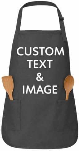 Custom Apron Women Men with Pockets Personalized Name Logo Cooking Aprons | Customizable Full Length Cotton Twill, Add Any Text Photo or Business Logo, Two Deep Pockets, 14 Colorways by Unknown