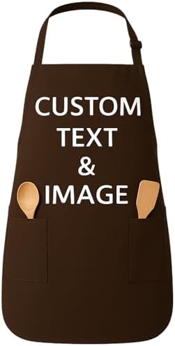 Custom Apron Women Men with Pockets Personalized Name Logo Cooking Aprons | Customizable Full Length Cotton Twill, Add Any Text Photo or Business Logo, Two Deep Pockets, 14 Colorways by Unknown