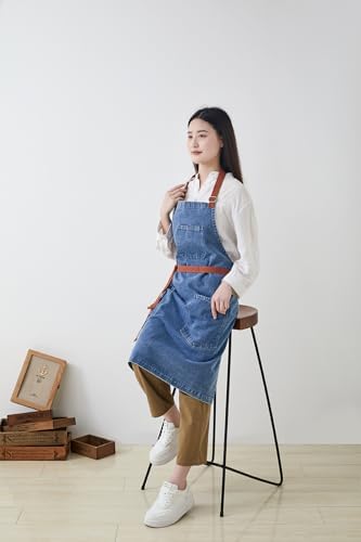 Cotton Denim Apron Soft - Unisex Adjustable Bib Apron with 5-Pockets Perfect for Kitchens - Image 5
