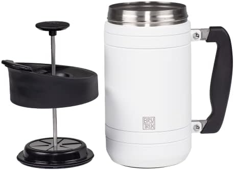 BruTrek® by Planetary Design Basecamp Coffee Press - Double Wall Vacuum Insulated Stainless Steel - Bru-Stop Technology, No Grounds in Coffee, No Spill Lid (Snowflake White, 32 fl.oz)