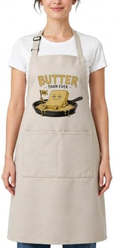 Butter Than Ever Funny Cooking Apron for Women Men, Kitchen Gift | Playful butter character and food pun make this apron a fun choice for cooking, baking, brunch, grilling, and parties by Threegoat