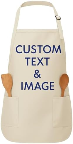 Custom Apron Women Men with Pockets Personalized Name Logo Cooking Aprons | Customizable Full Length Cotton Twill, Add Any Text Photo or Business Logo, Two Deep Pockets, 14 Colorways by Unknown