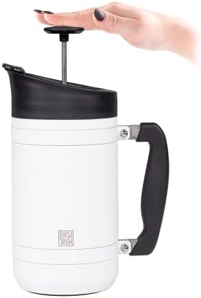 BruTrek® by Planetary Design Basecamp Coffee Press - Double Wall Vacuum Insulated Stainless Steel - Bru-Stop Technology, No Grounds in Coffee, No Spill Lid (Snowflake White, 32 fl.oz)