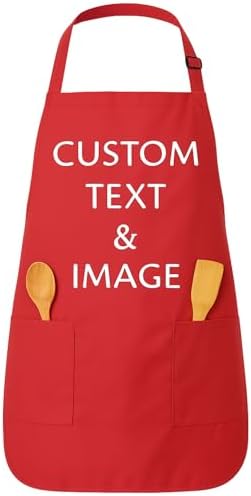 Custom Apron Women Men with Pockets Personalized Name Logo Cooking Aprons | Customizable Full Length Cotton Twill, Add Any Text Photo or Business Logo, Two Deep Pockets, 14 Colorways by Unknown