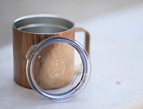 14 OZ Vacuum Insulated Double Wall 18/8 Stainless Steel Coffee Cup Tumbler, Mug, Beautiful Wood Design, With Durable Lid