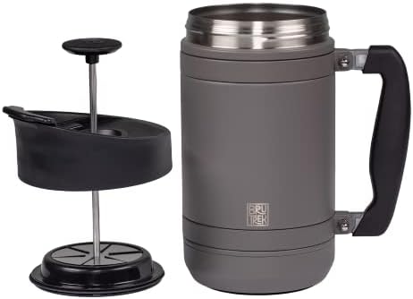 BruTrek® by Planetary Design Basecamp Coffee Press - Double Wall Vacuum Insulated Stainless Steel - Bru-Stop Technology, No Grounds in Coffee, No Spill Lid (Storm Gray, 32 fl.oz)