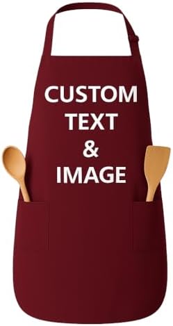 Custom Apron Women Men with Pockets Personalized Name Logo Cooking Aprons | Customizable Full Length Cotton Twill, Add Any Text Photo or Business Logo, Two Deep Pockets, 14 Colorways by Unknown