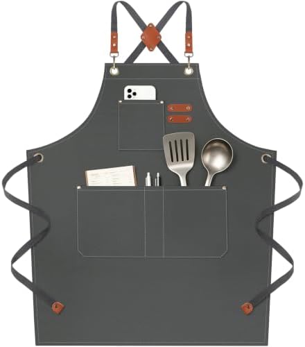 NLUS Chef Aprons for Men Women with 4 Pockets, Water Repellent Cotton Canvas Cross Back Apron by NLUS