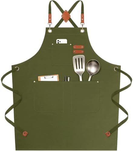 NLUS Chef Aprons for Men Women with 4 Pockets, Water Repellent Cotton Canvas Cross Back Apron by NLUS