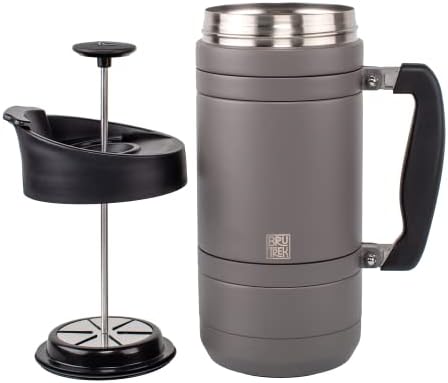 BruTrek® by Planetary Design Basecamp Coffee Press - Double Wall Vacuum Insulated Stainless Steel - Bru-Stop Technology, No Grounds in Coffee, No Spill Lid (Storm Gray, 48 fl.oz)