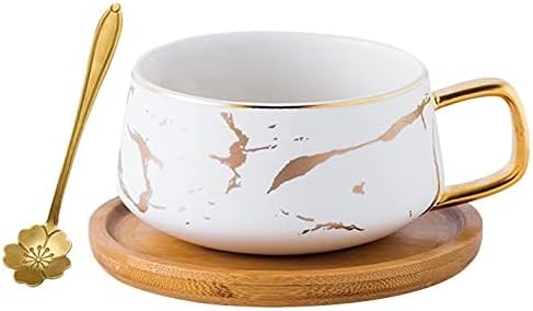 Jusalpha 10 oz Luxury Golden Hand Print Coffee Teacup with Bamboo Saucer Set Fashion Marble Pattern for Women TCS19 (White)