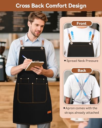 Teskyer Canvas Kitchen Apron with 4 Pockets | Cross Back or Adjustable Strap Design, 4 Utility Pockets, Water & Oil Resistant Fabric for Cooking Gardening & Crafts - Image 6