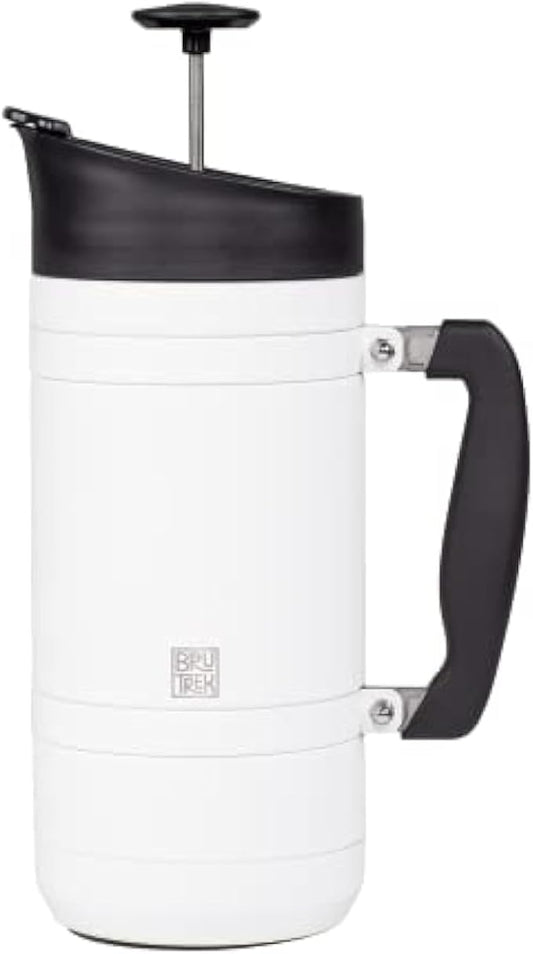 BruTrek® by Planetary Design Basecamp Coffee Press - Double Wall Vacuum Insulated Stainless Steel - Bru-Stop Technology, No Grounds in Coffee, No Spill Lid (Snowflake White, 48 fl.oz)